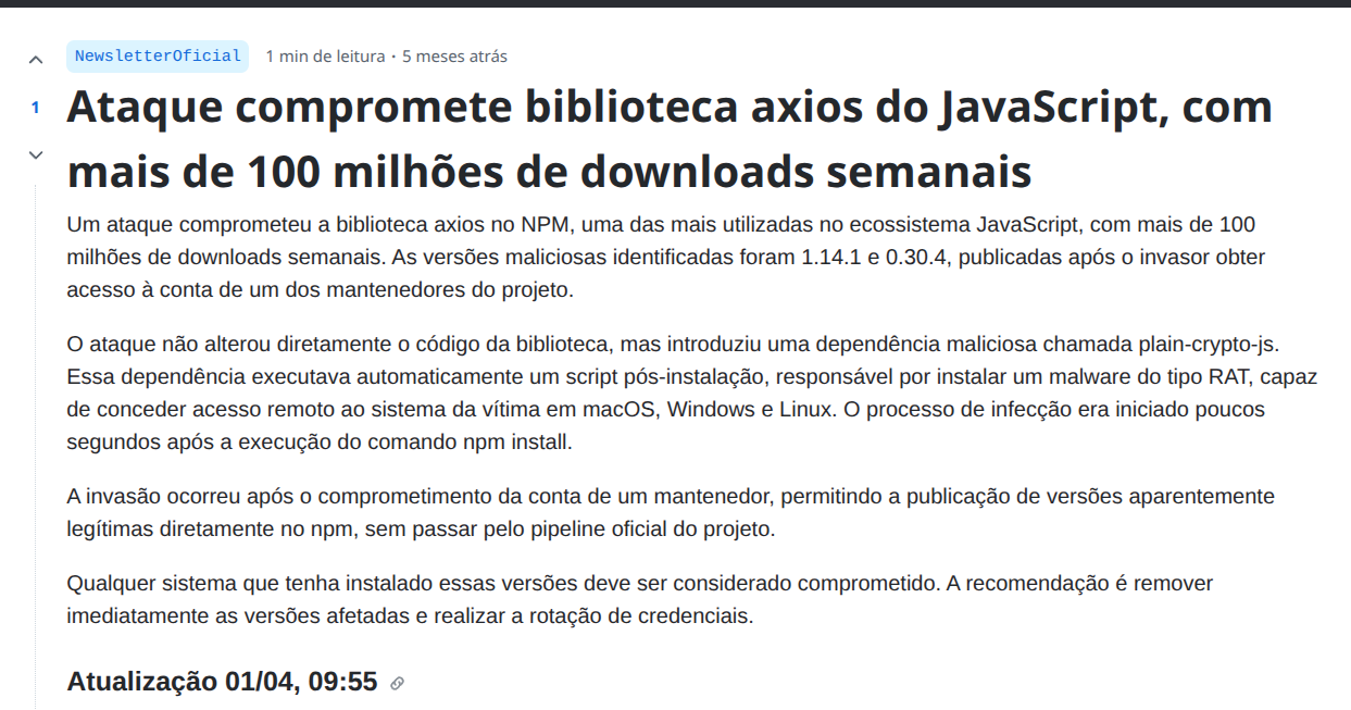 noticia - axios foi comprometida