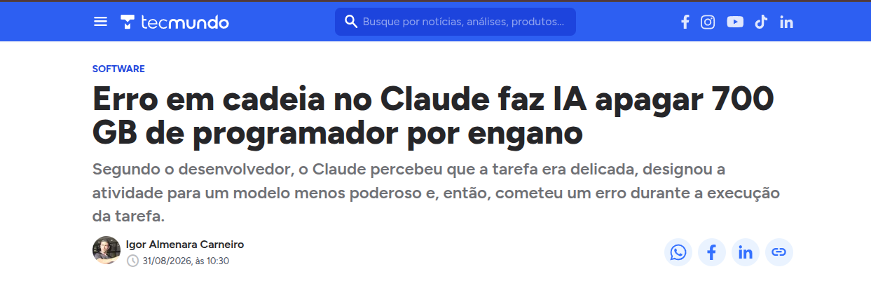 noticia, IA deleta HD de desenvolvedor com 700GB