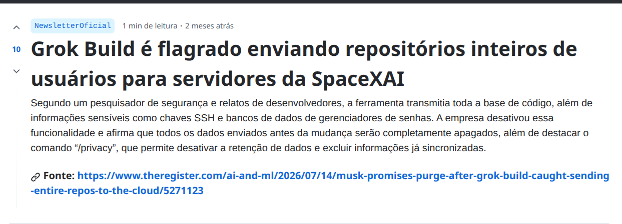 noticia - grok é flagrado vazando repositorios git inteiros